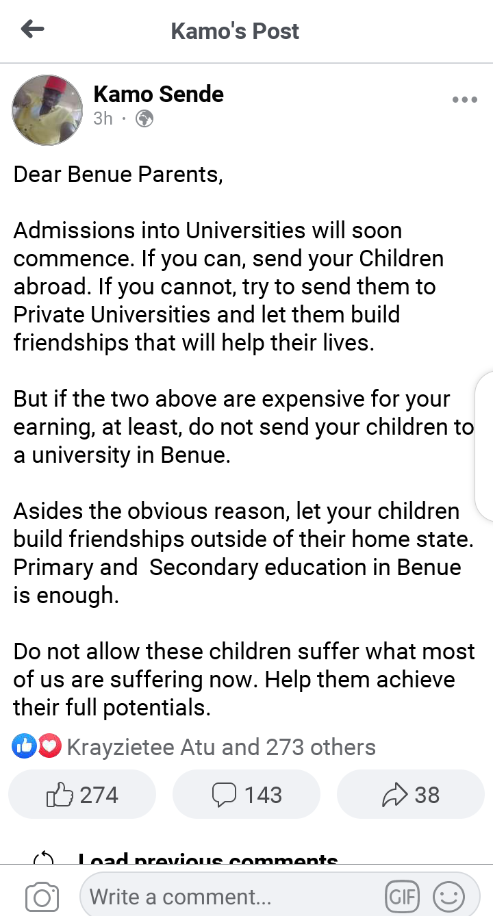 Do not send your children to a University in Benue - Kamo Sende