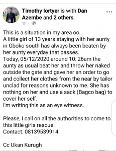 13 year old girl beaten and left naked by her Aunty