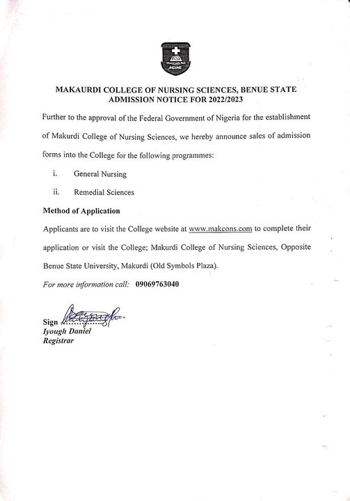 Makurdi college of Nursing science Benue state admission notice for 2022/2023