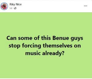 Riky Nice advises Benue artist to stop music